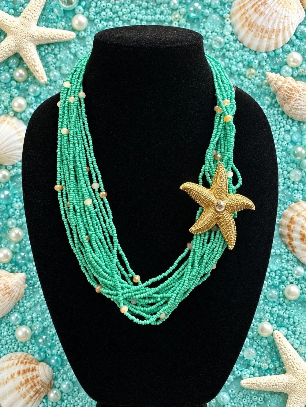 Turquoise & Gold Beaded Starfish Necklace